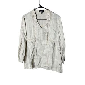 Avec Linen V Neck Long Sleeve Cream Beige Pleated Blouse Size M‎